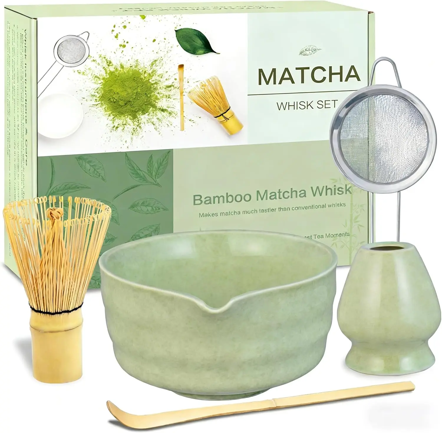 Matcha Whisk Set, Ceramic Matcha Bowl with Spout, Bamboo Whisk, Chasen Holder, Sifter, Traditional Scoop, Complete Tea Making Kit for Matcha Lovers, Beginner Starter Gifts for Women Men