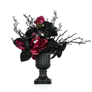 18 in. Halloween Rose Flowers Plant Decoration in a Black Urn