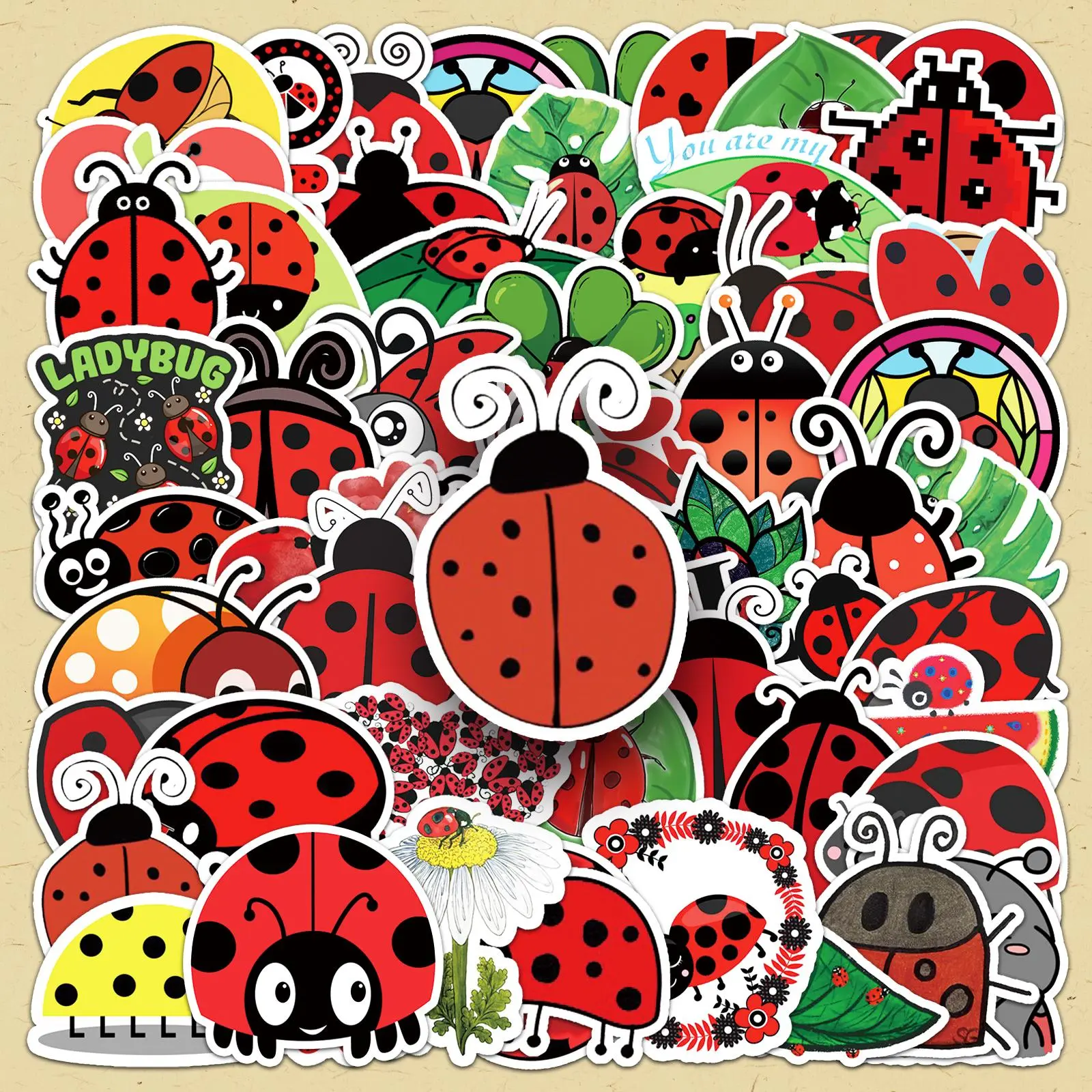 Cute Ladybug Pattern Sticker, 50pcs/set Cartoon Animals Decorative Stickers, DIY Decals for Scrapbooking, Journaling, Gift Wrapping, Funny Stickers, Crafts