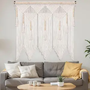 Buryeah 43 x 39 Inch Large Macrame Wall Hanging Boho Tapestry Macrame Wall Decor Cotton Tassel Macrame Curtain Beige Stylish Bohemian Wall Art for Home Living Room Bedroom Dorm Wedding