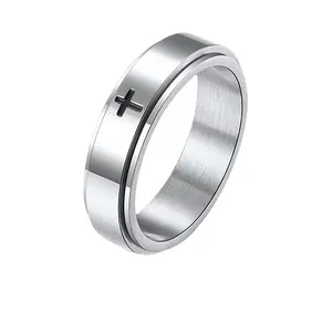 Anxiety Spinner Cross Ring for Men Titanium Stainless Steel Rotating Fidget Ring for Women jewelry