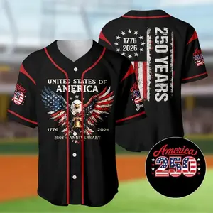 Men's 250th Anniversary Baseball Jersey, Slim Fit Patriotic All-over Print Button Down Top for 4th of July Celebrations, Breathable, 250Th Anniversary Jersey