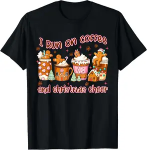 100% cotton Unisex Gingerbread I Run on Coffee Christmas Cheer Caffeine Lover T-Shirt