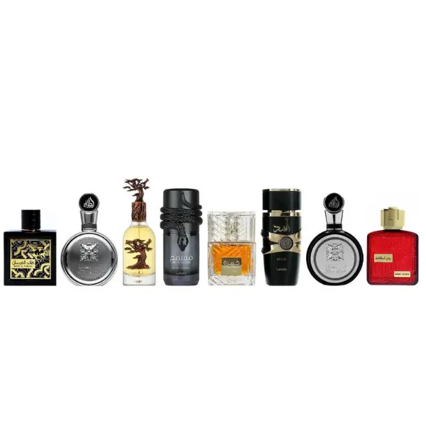 Lattafa 8-Piece Unisex Middle-Eastern Fragrance Discovery Set - Arabian Perfume Oil Bundle with Amber, Musk, Spices, Woods, Strong Projection (Eternal Oud, Qaed Al Fursan, Fakhar Platin, Musamam Black Intense, Khamrah, Fakhar Man, Asad, Ramz Silver), Bund