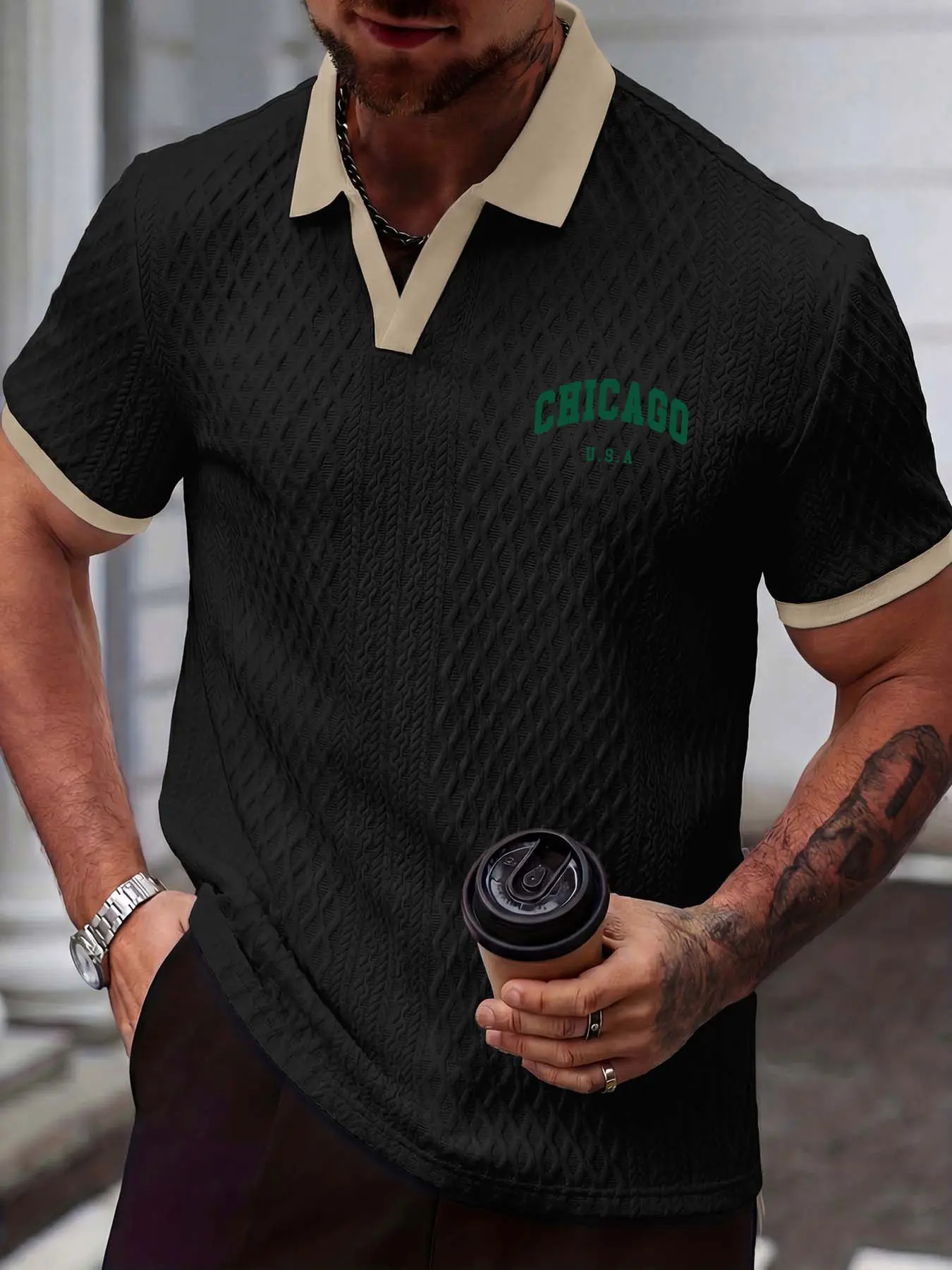 Business Casual Colorblock V-Neck Polo Shirt for Men, Textured Short Sleeve, Chicago Theme Print, Ideal for Daily Wear