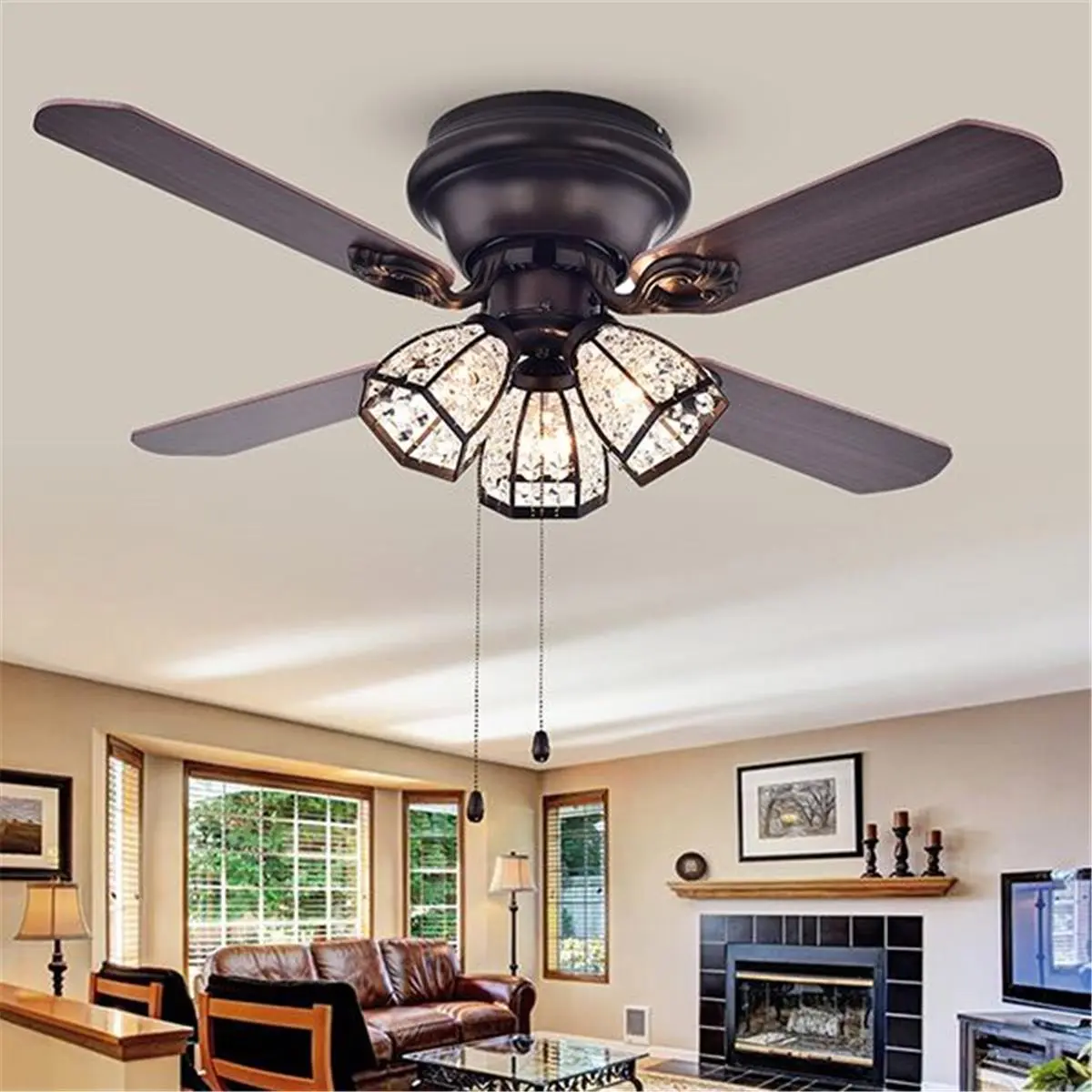 Warehouse of Tiffany  42 in. Tarudor 3-Light Indoor Hand Pull Chain Ceiling Fan, Bronze, Bronze Metal, Cool Airflow