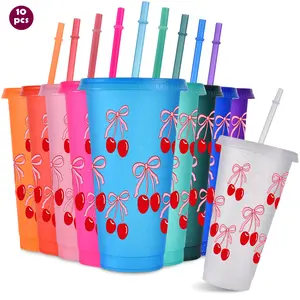10pcs/24oz/710ml/Glitter Plastic Tumblers With Lid And Straw,Iced Coffee Cup,Water Bottle,Festival Party Supplies,Drinkware,Cherry Patterned Tumblers,Perfect For Family And Friend Gatherings,Ideal for birthday party,Valentine's Day Gifts