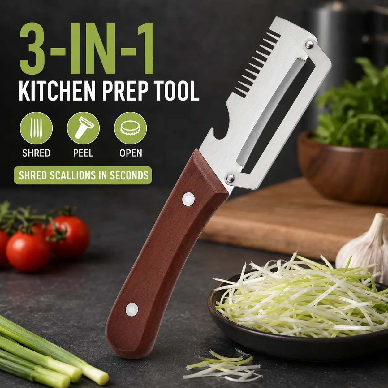 3-in-1 Vegetable Peeler, Scallion Shredder and Bottle Opener, Stainless Steel Fruit and Vegetable Peeling Tool with Wooden Handle, Thin Even Peels for Cucumber, Carrot, Potato and More