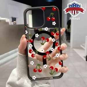 Summer Cherries Pattern Magnetic Phone Case Supports Wireless Charging for iPhone 16 15 14 Pro Max 13 12 11 XR XS Plus Shockproof Non Slip Protection Silicone Transparent Acrylic Cover Cellphone Protective