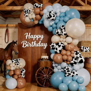126pcs Farm Animal Theme Balloon Garland Arch Set, Blue Sand Latex Balloons with Cow Pattern, Barn Courtyard Country Western Cowboy Birthday Party Decorations