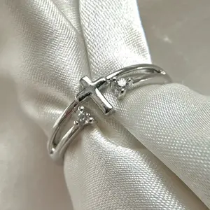 Dainty Cross Silver Stainless Steel Ring Christian Jewelry with Elegant Design and Sparkling Stones