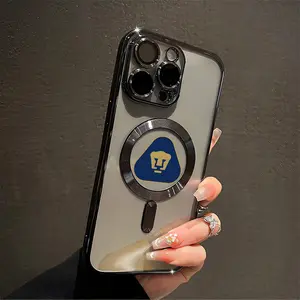 Pumas UNAM Liga MX Aesthetic Pattern MagSafe Metal Smartphone Case, TPU Soft Shell for iPhone 16/15/14/13/12/11 Pro Plus Max, All-Inclusive Lens Protection, Scratch-Resistant, Wireless Charging Magnet, Lens Film, Handheld Devices Accessories, Cellphone, C