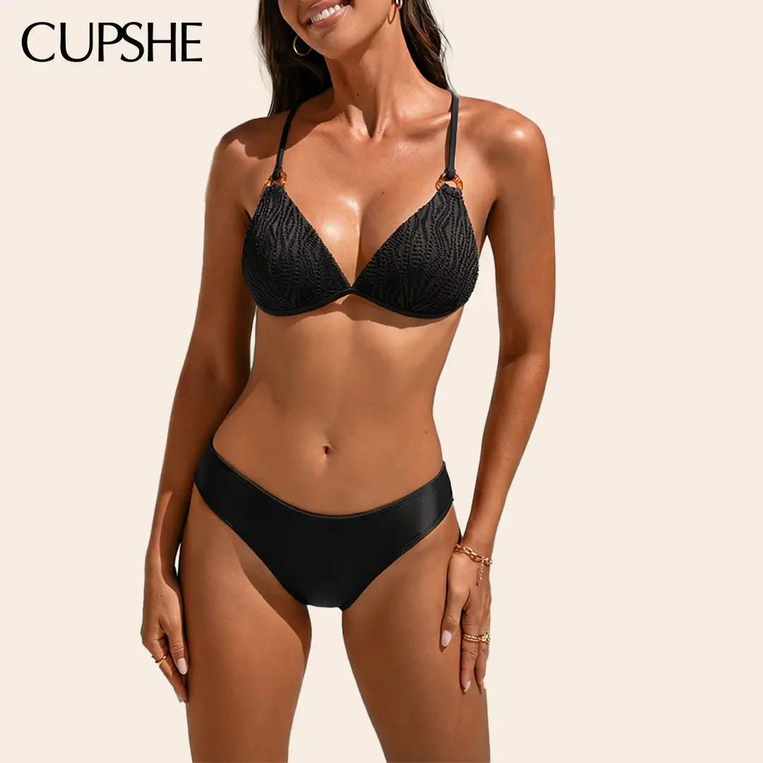 CUPSHE Women's 3-Piece Beachy Matching Multi-Size Bikini Set Polyester Bathing Suit, Diamond Neckline, Adjustable Removable Soft-Cup Straps, Classic Bum Coverage Sarong, Swimsuit for Women #summerfinds tiktokshopbacktoschool