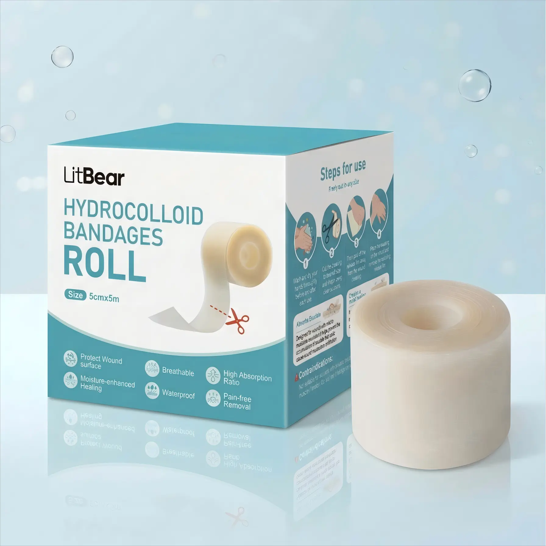 LitBear Cut-to-Size Extra Large Medical Hydrocolloid Roll (2in x 16ft) - Flexible, Waterproof Overnight Acne Pimple Patch, First Aid Tape for Acne Spot Treatment, Self Care Products