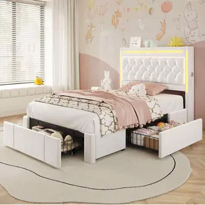 SIKAIC Twin Size Upholstered LED Bed Frame Beige Bedroom Set Unique Bedroom Furniture Headboard And Storage Platform Bedframe