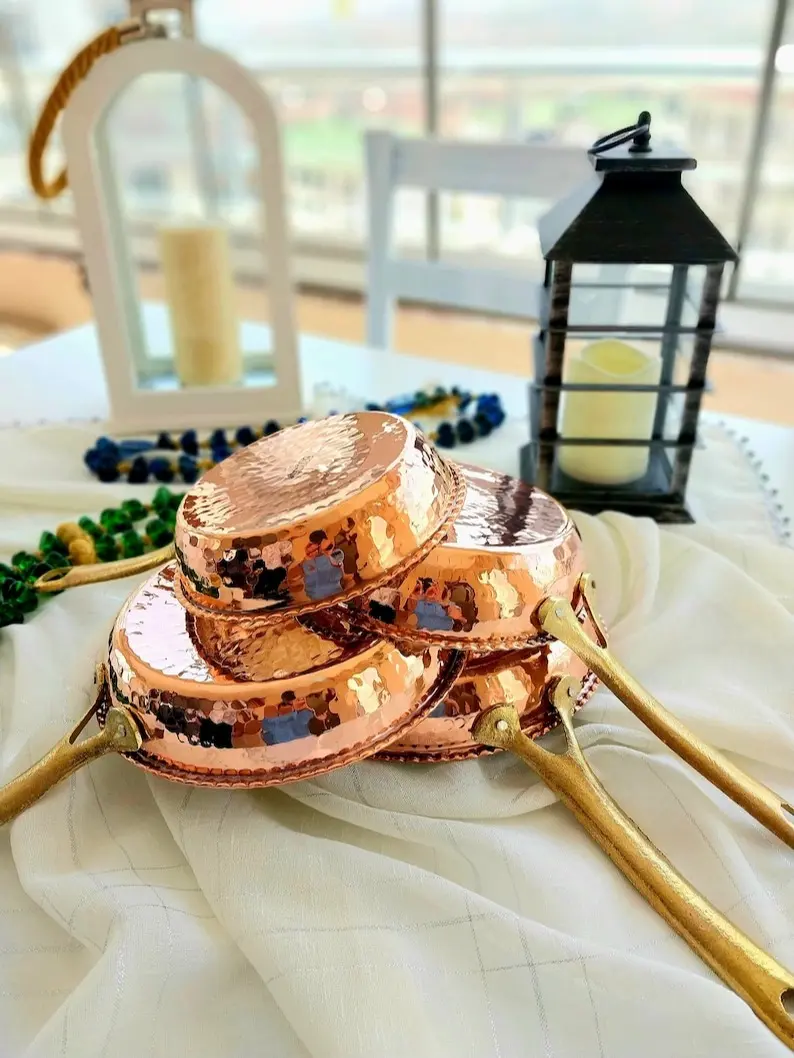 MasterHandShop Handcrafted Copper Frying Pan with Brass Handle Authentic Kitchenware 17cm Diameter Vintage Decor Gift for Birthday - Cookware