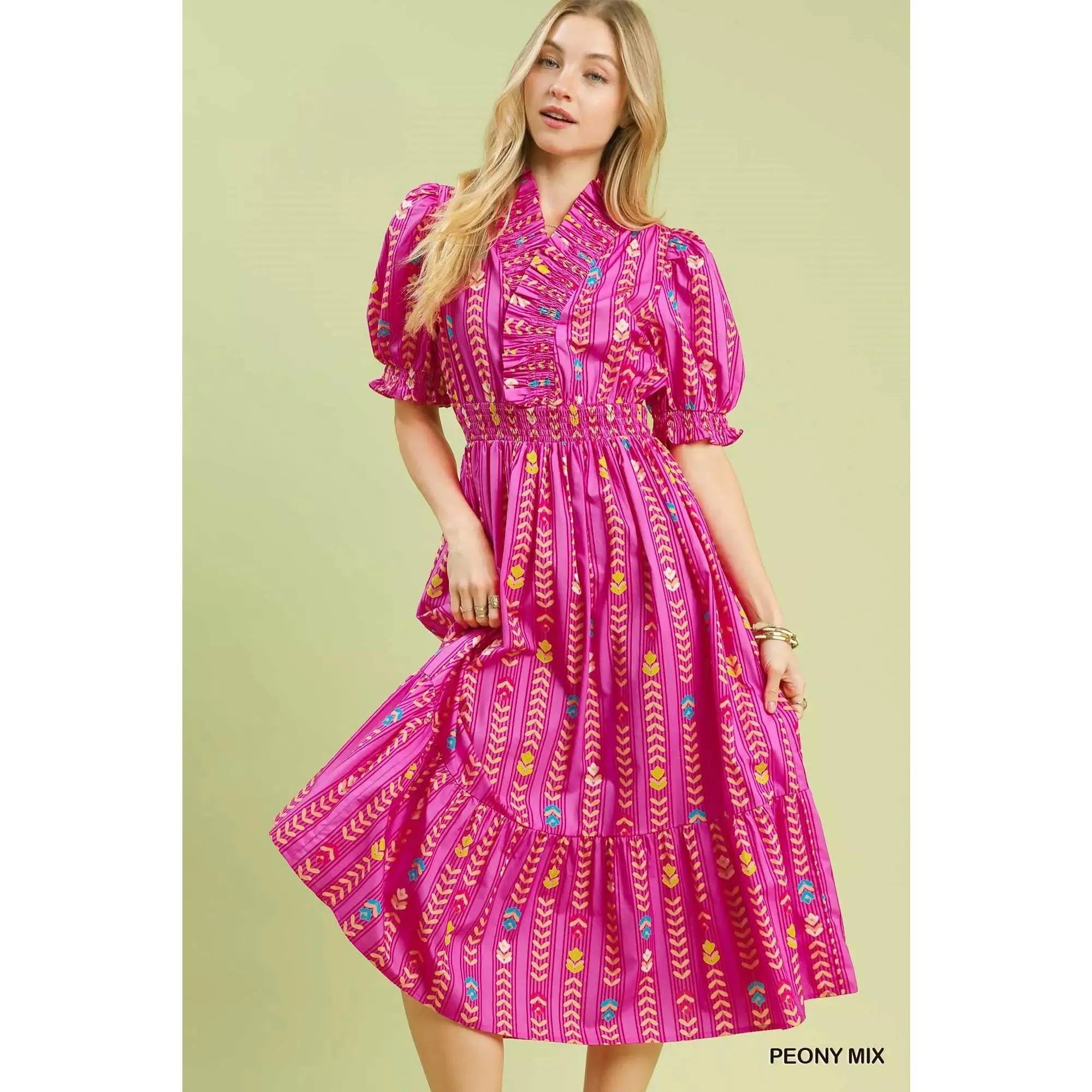 Umgee Vibrant Ruffle Smocked Midi Dress