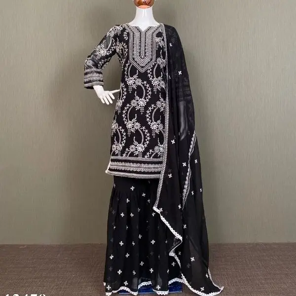 Designer New Black Heavy Cotton Thread Work Suit with Work Sarara and Work Dupatta for Women