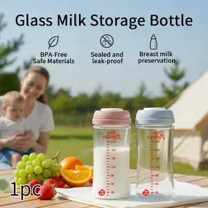Glass breast milk storage bottle, Glass breastmilk storage bottles, reusable, wide-mouth, leak-proof, BPA-free, heat-resistant, suitable for Babies, refrigeration, multipurpose, 8 oz/240 ml (blue/pink)