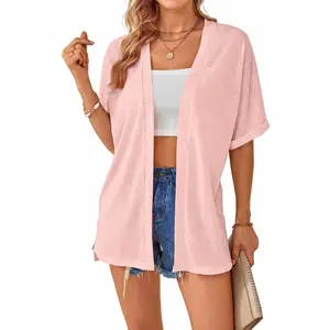 Women's Lightweight Short Sleeve Cardigan Open Front Casual Loose Knit Summer Beach Cover Up