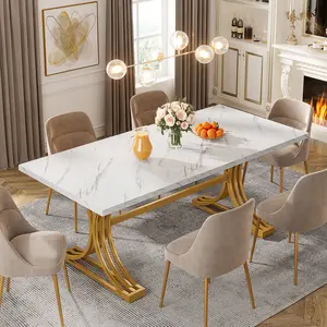 Tribesigns 63-Inch Rectangular Dining Table for 4 to 6, Modern Kitchen Table with Stylish Metal Trestle Legs, Large Dinner Table for Dining Room, Chair Not Included (White+Gold)