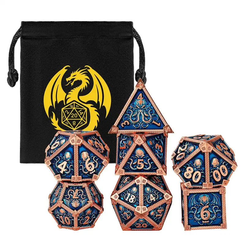7-Piece Cthulhu Octopus Theme Dice Set, Metal Polyhedral Large Gaming Dice, Dnd Metal Dice, Rpg Accessories with Portable Velvet Bag, Indoor Board Game Props