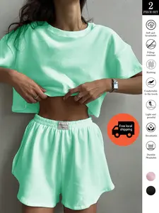 2 Piece Set Solid Color Mini Plaid Short-Sleeved Side Slit Wide-Leg Shorts Casual Thin Women's Pajamas Set for Home Use Soft Breathable Pilling Resistant Silk Satin Lace Pajama Set pajamas Loungewear Nightwear organic fabric