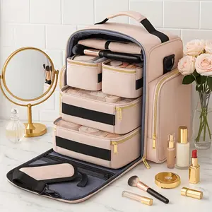 Premium Large Travel Makeup Bag, High-Quality Toiletry Organizer with 4 Removable Pouches & Jewelry Roll, Multifunctional Skincare Brush Cosmetic Case, Elegant Gift Set for Women Girls
