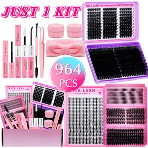 RITALASH 964pcs D Curl Lash Clusters Lash Extension Kit DIY Lash Clusters Eyelash Extension Kit Mixed Lengths 9 Styles Individual Lashes Kit With Lash Bond And Seal, Lash Tweezers, Remove, Dual-Ended Brush, Headband And Wristband, Eyelashes Extension Set