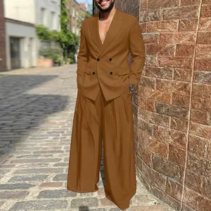 INCERUN Men's 2-Piece Oversized Matching Suit Set - Menswear Formal Wear, Elegant Double-Breasted Long Sleeve Blazer, Lengthy Stretched Classic Wide-Leg Trouser, Casual Retro Wedding Outfit