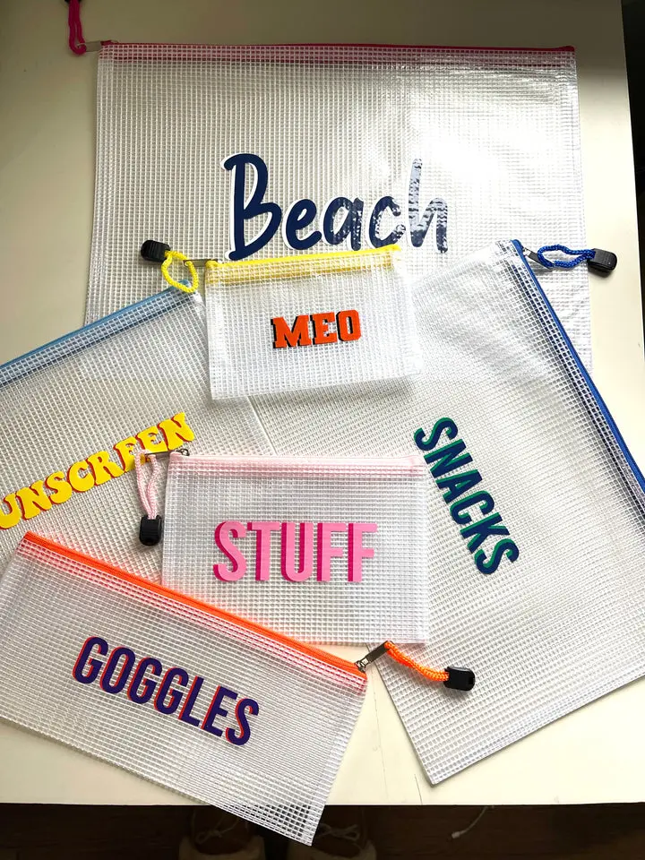 Custom Shadow Monogram Zipper Pouches - Personalized Mesh Clear Pouches for Beach Pool Car Travel School Daycare -5 Sizes - Water-Resistant Translucent PVC Plastic