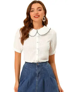 INSPIRE CHIC Peter Pan Collar Contrast Color Trim Gingham Button Up Blouse Shirt