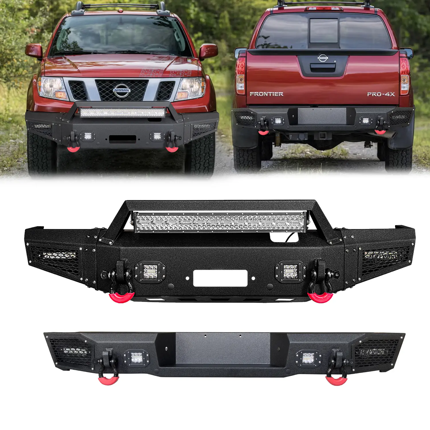 Vijay Steel Black Texture Bumper Set for 2005-2021 Nissan Frontier, Front & Rear Bumpers with Winch Plate, LED Lights, 2 D-Rings, Off-Roading Performance, Screw Mount Installation