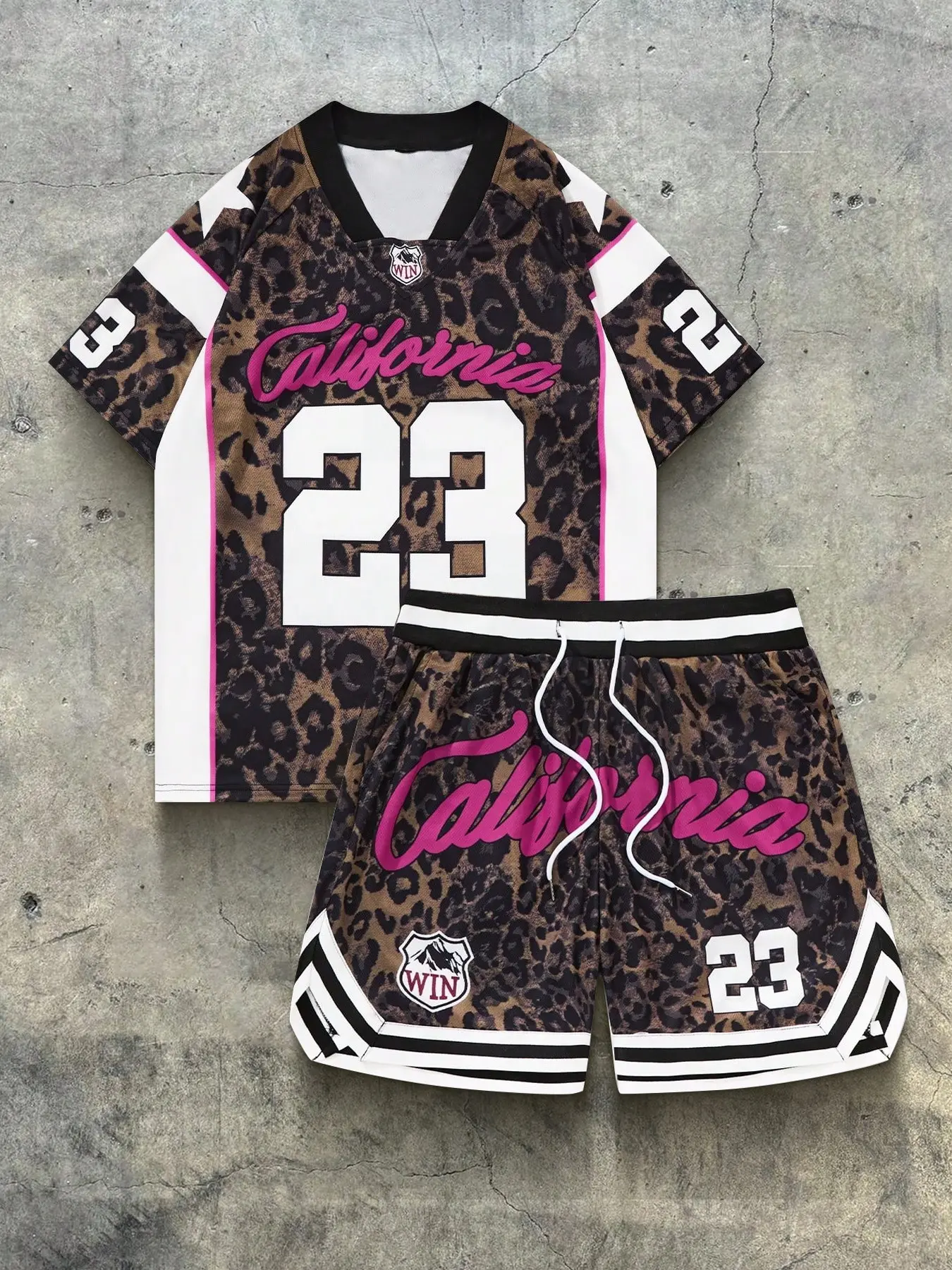 2-Piece Leopard Print Basketball Jersey Set, California Streetwear Style with Number 23 & WIN Logo, Breathable Athletic Wear Gymwear Sports Set Workout Sets for Men and Women in Gym or Casual Outfits, Stylish Jersey Sportswear Clothing
