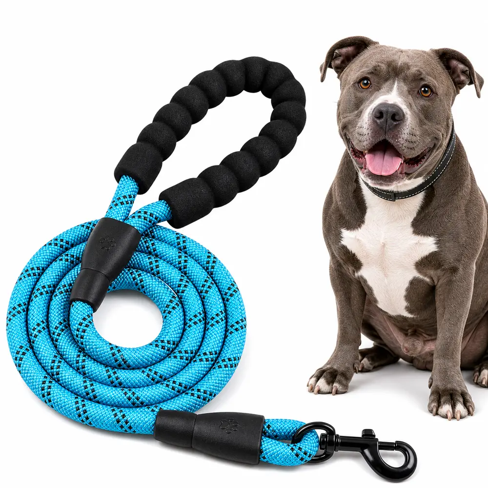 Blue Heavy Duty Rope Dog Leash  Soft Padded Handle, 5 FT Pet Walking Lead  Black Swivel Clip for Medium Large Dogs puppy free double small harness bark collar led Adjustable Christmas Bow Tie girl reflective notangled ogle ash flat air tag pull foam