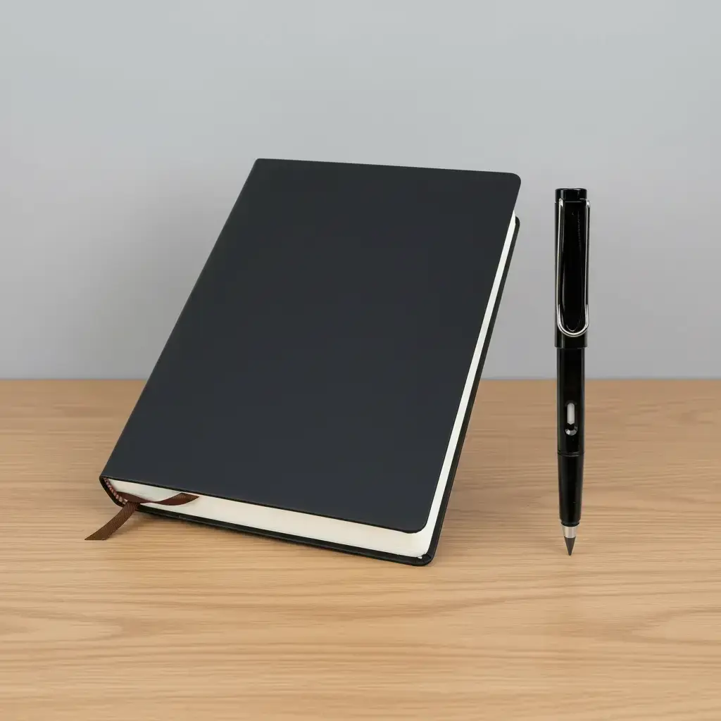 Black A6 Notebook and Inkless Pencil Bundle, 1 Count Pu Leather 660-page Sketchbook with 1 Count Reusable Inkless Pencil for Writing and Drawing, Doodle Pad, Faux Leather Notebook