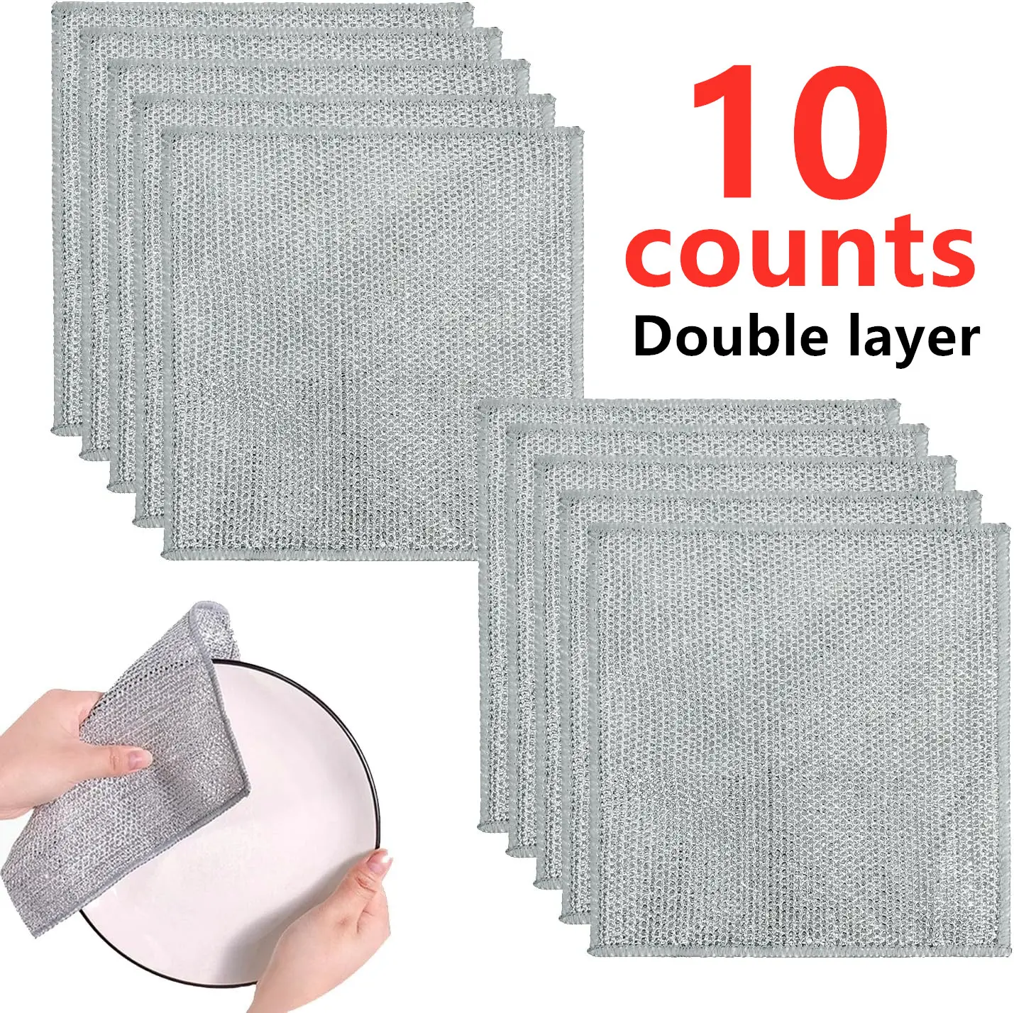 10 PCS New Upgrade Double-Layer Non-Scratch Steel Wire Dishwashing Cloths - Durable, Quick-Dry, Odor-Free, Super Absorbent Multi-Purpose Cleaning Cloths for Dishes, Cookware, Sinks, Dishwashing Cloth, Ultra-Absorbent Cleaning Cloths