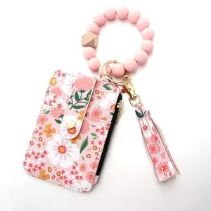 Women's Boho Style Beaded & Tassel Decorated Keychain with Flower Pattern Wallet, Girlfriend Gifts, Cute Trendy Keychain, Chic Gorgeous Keychain for Key & Bag Decor, Keychain Bag Pendant