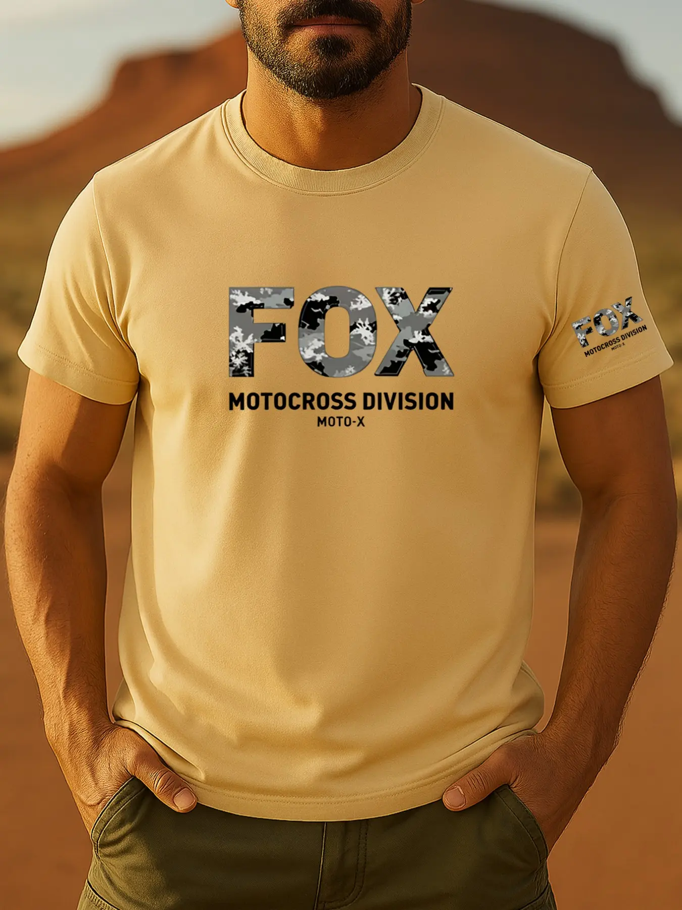 Fox Camo Off-Road Moto T-Shirt, Outdoor Motorcycle Graphic Print, Casual Summer Clothing Streetwear Short Sleeve Tee, Summer Breathable Fabric, Loose-Fitting Long Style Menswear Man