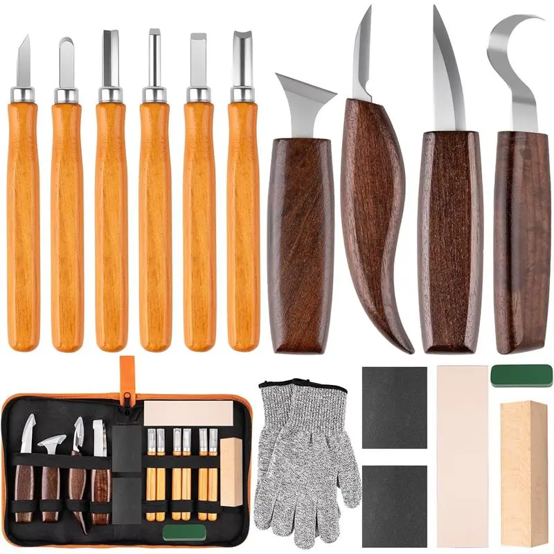Wood Carving Tools Kit for Beginners 26 in 1 Complete Set with 4 Knives & 6 Chisels Ergonomic Handles Sharp Blades for DIY Projects