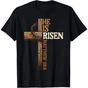 Unisex Christian Graphic T-Shirt, Vintage "He is Risen" Easter Design, Casual Round Neck Short Sleeve Cotton Top
