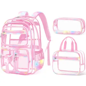 Fimibuke 3Pcs Transparent School Backpack Set, Waterproof Clean Backpack with Lunch Bag & Pencil Bag for School Girls Boys