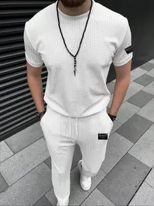 Two-Piece Set Men's Regular Fit Striped Print Tee & Drawstring Waist Pants, Crew Neck Short Sleeve T-Shirt & Pocket Trousers, Casual Top & Sweatpants for Outdoor Daily Wear, Clothes, Menswear