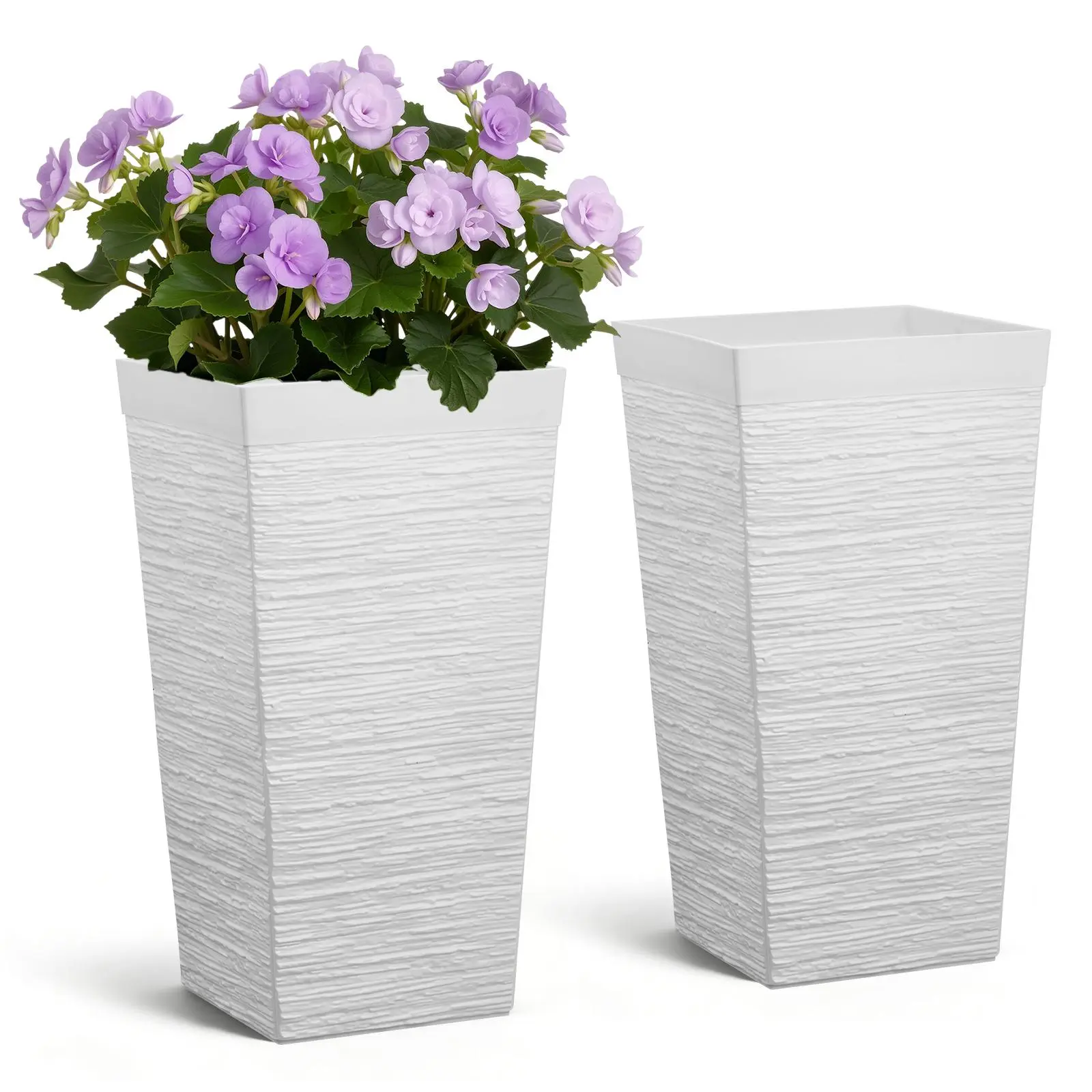 【SummerFinds】VEVOR Tall Planters Set of 2, 23 Inch Large Outdoor Taper Planters for Outdoor Indoor Plants, Front Porch Plastic Modern Flower Pots with Casters, Inner Pot & Drainage Holes for Patio, Garden, White