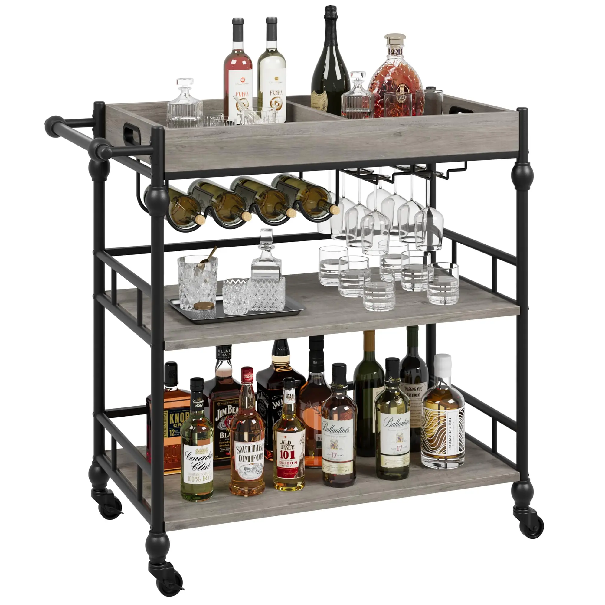 Garvee Freestanding Industrial 3-Tier Bar Cart - Grey, 360-Degree Rotatable Wheels with Locks, Open Storage, Side Protection Fence, Retro Pillars, Wine Racks, Glass Racks, Removable Tray for Kitchen, Living Room