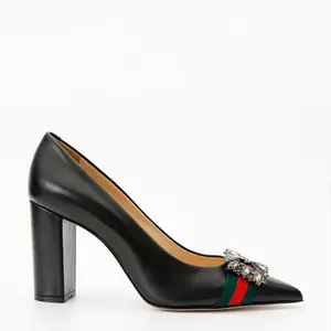 The Afega Black Leather Block Heel Pump Women Shoe