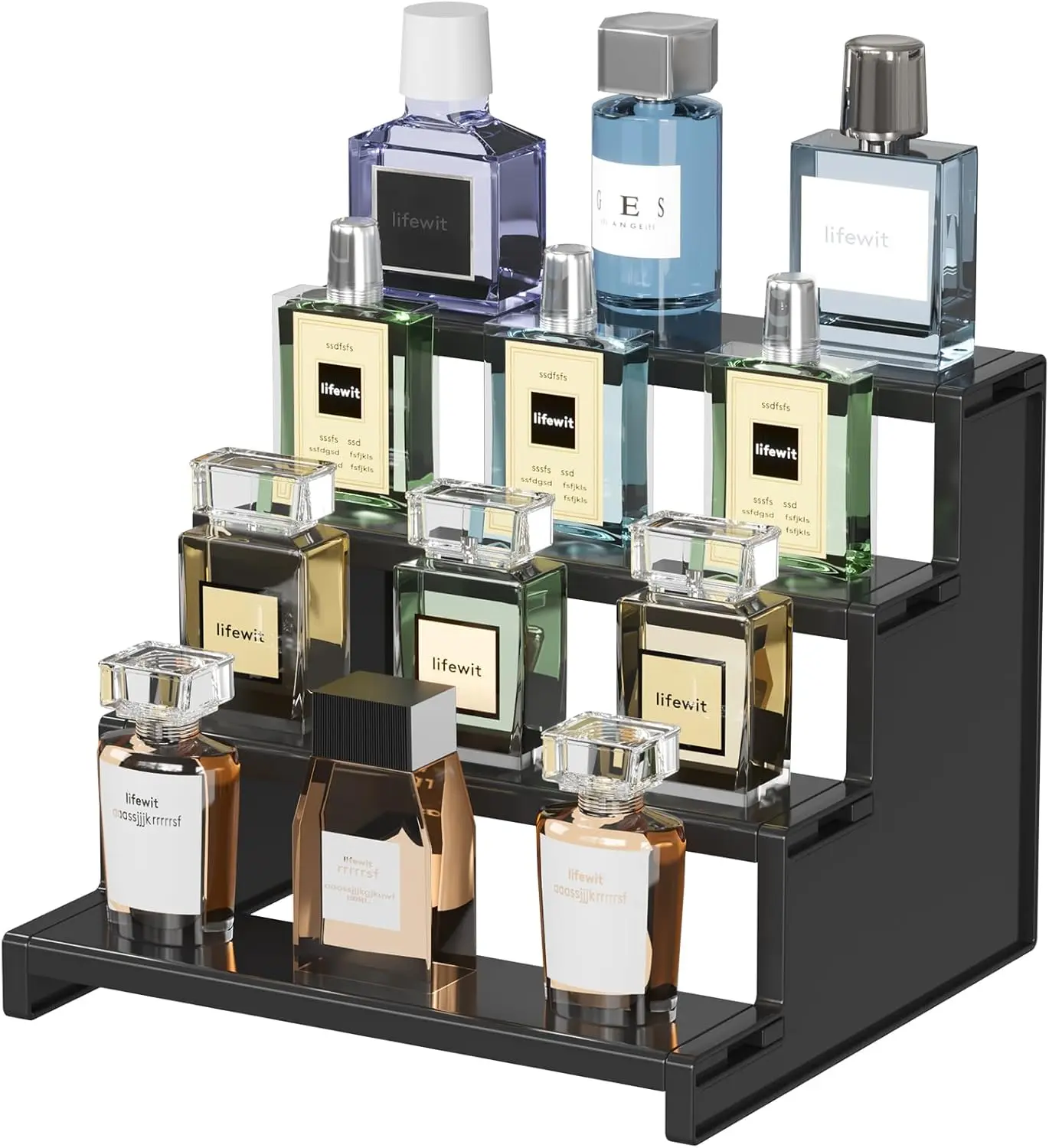 Cologne Organizer for Men, 4 Tier Plastic Perfume Stand, Tool-free Assembly, Display Shelf for Fragrance, Aftershave, Skincare, Makeup for Vanity, Bedroom, Bathroom Storage, 9 Inch,1 Pcs