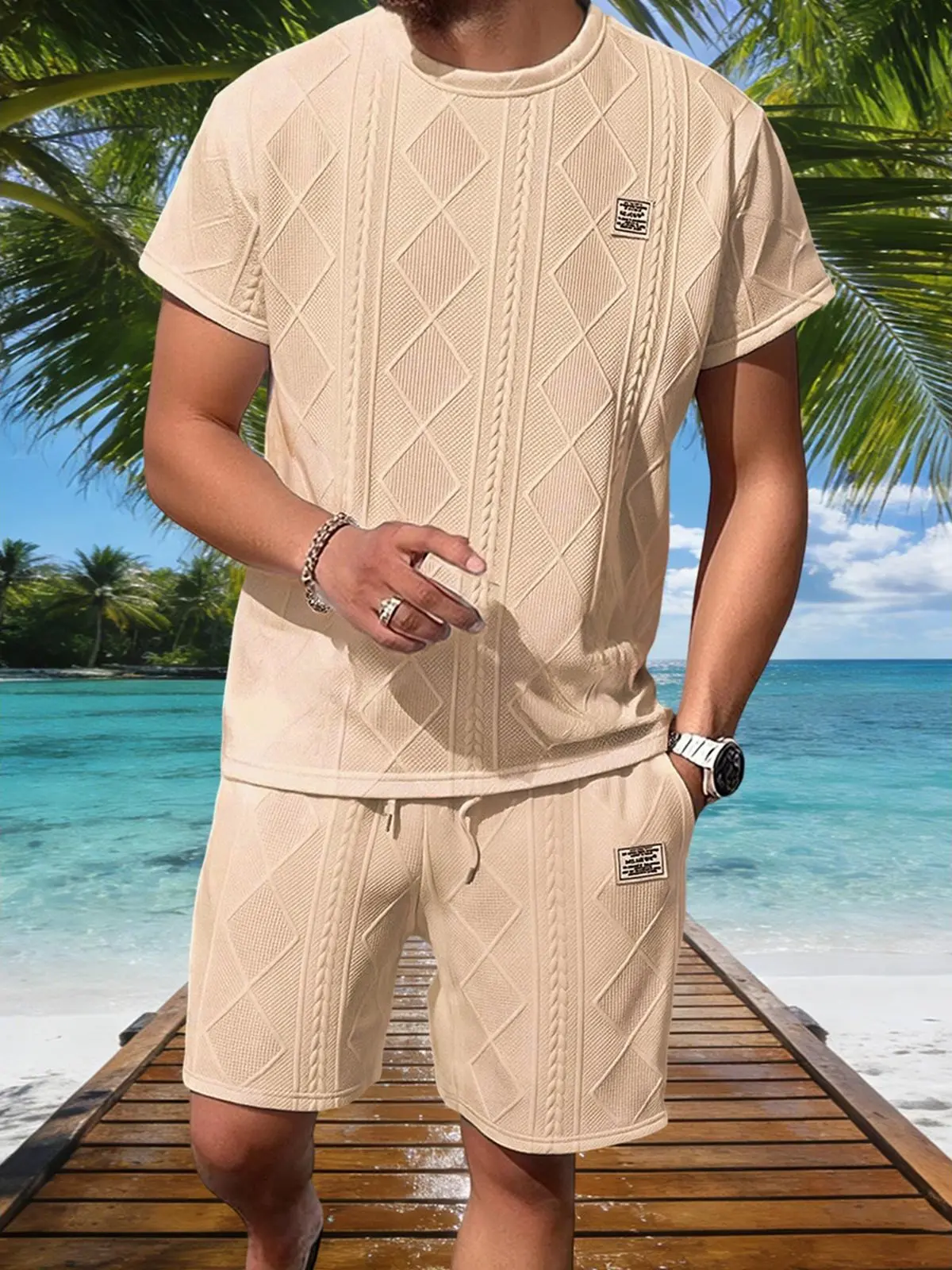 Men's 2-Piece Casual Sports Menswear Set - Breathable Knit Short-Sleeve Round Neck Textured Top & Drawstring Bottoms, Ideal for Beach Trips & Daily Home Wear, 2 Pc Shorts & Top Sets men 2 piece sets