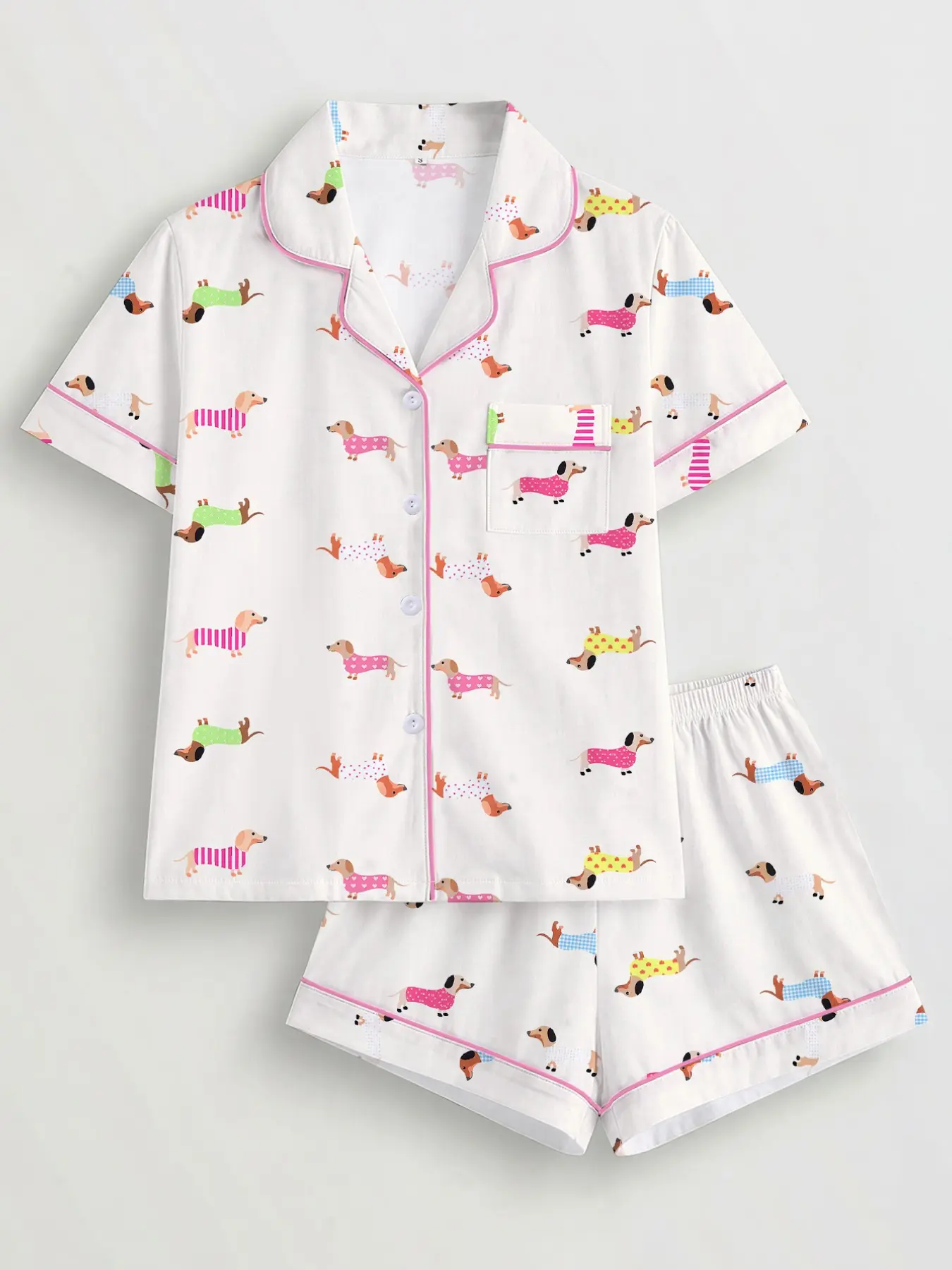 Funny Cartoon Dog Summer Pajama Set, Loungewear Pjs, Loose Fit Slimming Collar Style, Daily Homewear, Casual All over Print, Fall & Winter, Nightwear, Pyjamas, Pajamas Home Wear