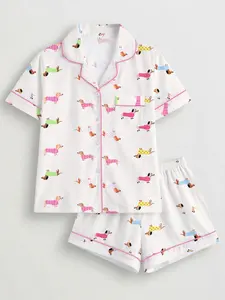 Funny Cartoon Dog Summer Pajama Set, Loungewear Pjs, Loose Fit Slimming Collar Style, Daily Home Wear, Casual All over Print, Fall & Winter